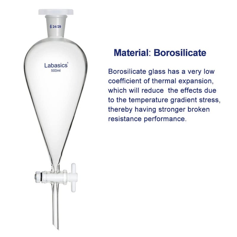 Labasics Conical Separatory Funnel, 500 ml Heavy Wall Borosilicate Glass Separating Funnel with 24/29 Joints and PTFE Stopcock - Image 4